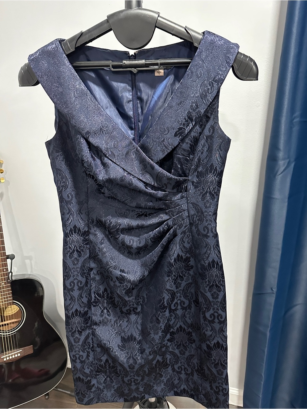 Tahari Navy Jacquard V-Neck Midi Sheath Dress